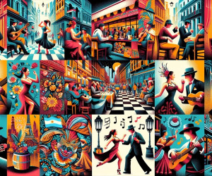 Colorful vintage-style illustrations of music and dance scenes.