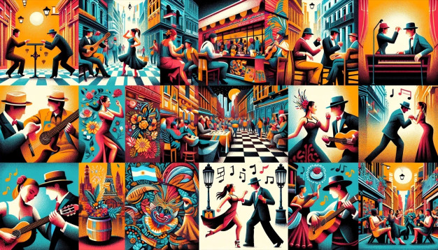 Illustrations colorées de style vintage de scènes de musique et de danse.