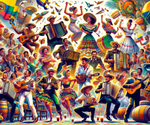 Vibrant Colombian music and dance celebration illustration.