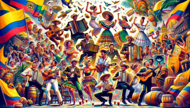 Vibrant Colombian music and dance celebration illustration.