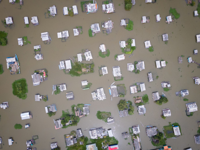 Aerial view of flooded residential area.
