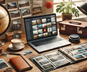 Vintage travel-themed workspace with laptop and photography equipment.