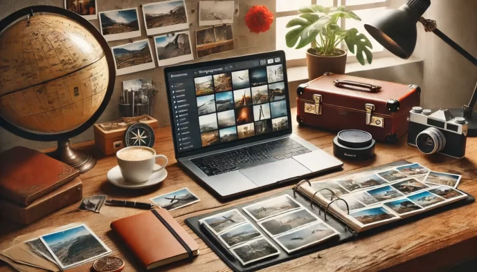 Vintage travel-themed workspace with laptop and photography equipment.