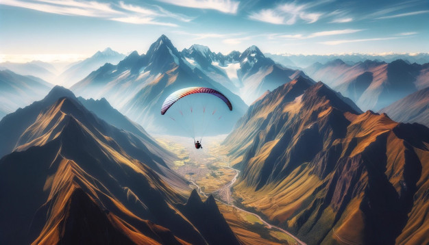 Paraglider soaring over majestic mountain landscape at sunrise.
