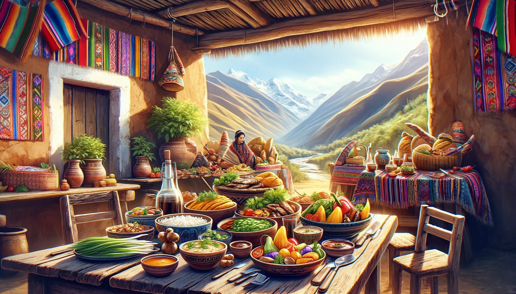 Andean village market with traditional food and textiles.