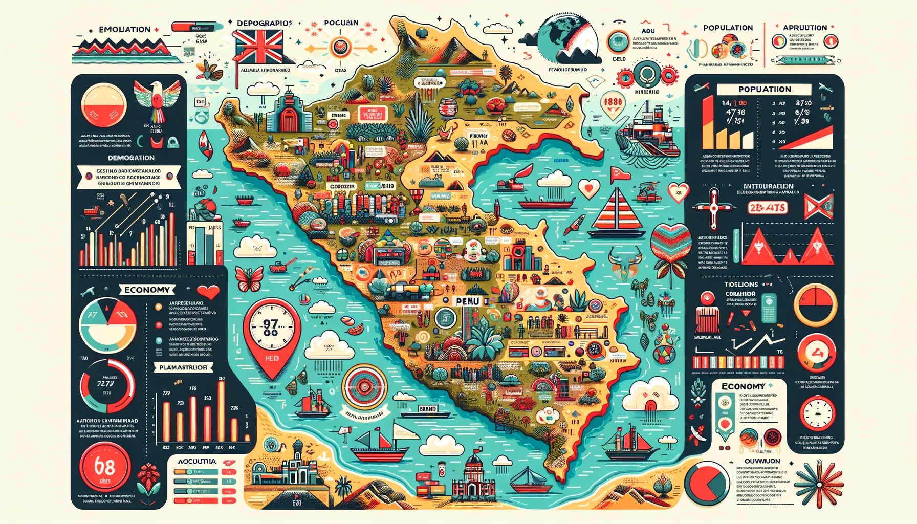 Colorful illustrated infographic with maps and data charts.