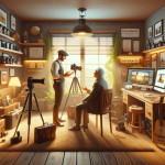 Photographe dans un studio confortable de style vintage avec équipement photographique.