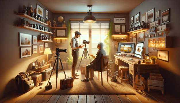 Photographer in cozy, vintage-style studio with camera equipment.