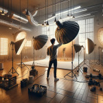 Person adjusting lighting equipment in photography studio