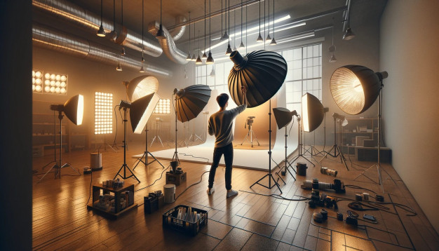 Person adjusting lighting equipment in photography studio