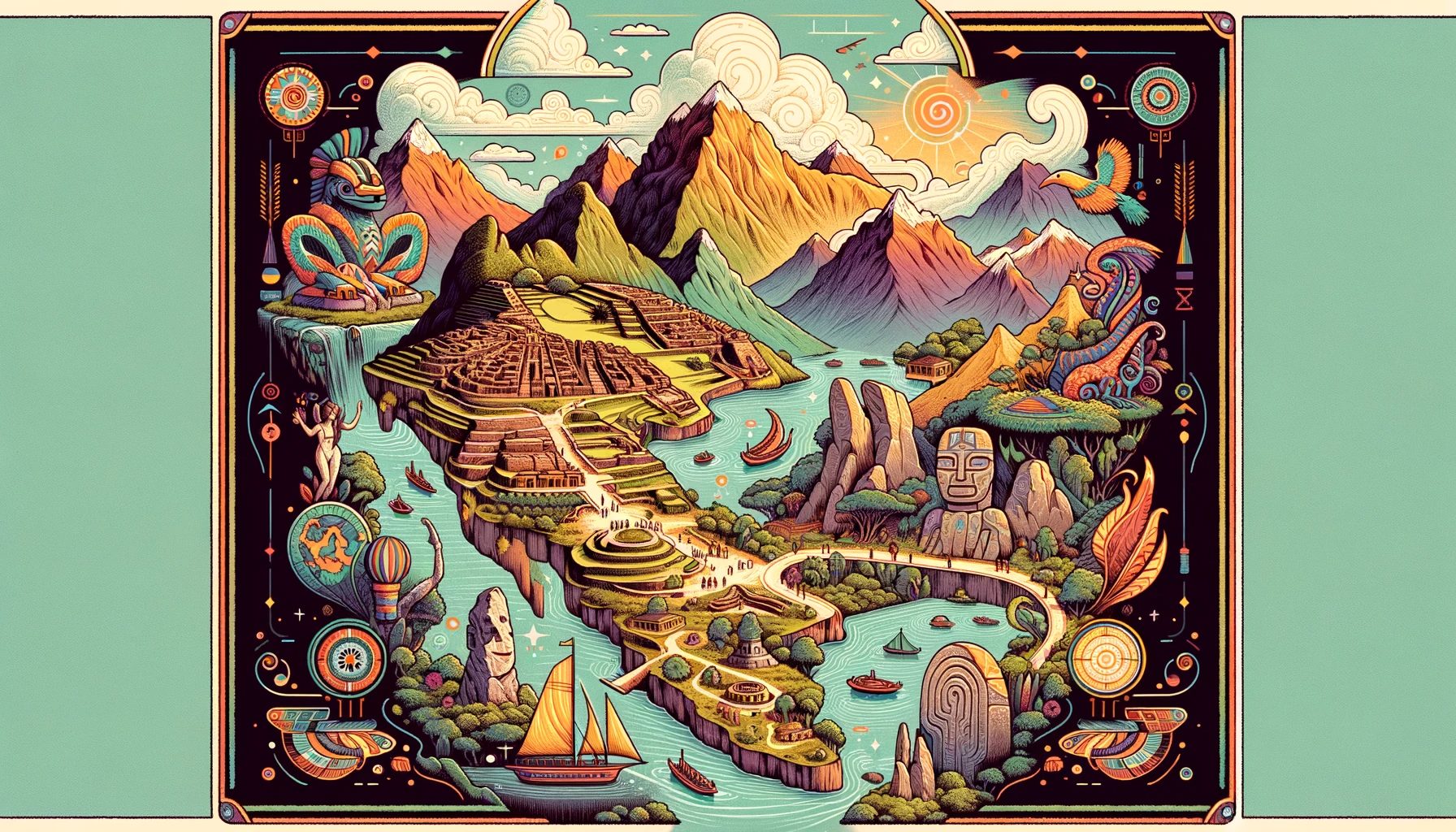Colorful mythological landscape illustration with mountains and river.