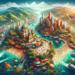 Vibrant fantasy cityscape with coastal and mountain scenery.