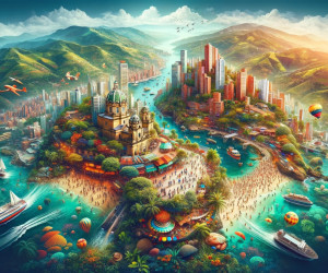 Vibrant fantasy cityscape with coastal and mountain scenery.