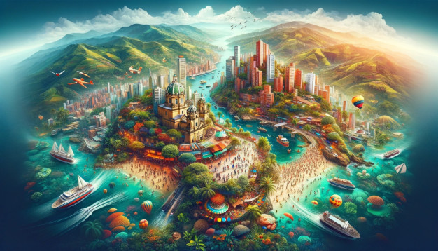 Vibrant fantasy cityscape with coastal and mountain scenery.