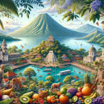 Colorful tropical landscape with exotic fruits and animals.