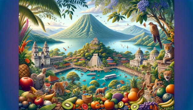 Paysage tropical coloré avec des fruits exotiques et des animaux.