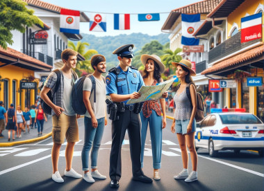 Tourists getting help from police officer with map.