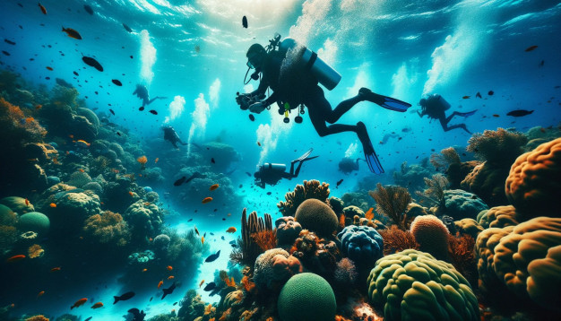 Scuba divers exploring vibrant coral reef underwater
