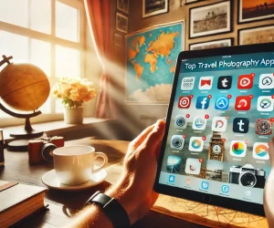 Person holding tablet with travel apps, cozy room.