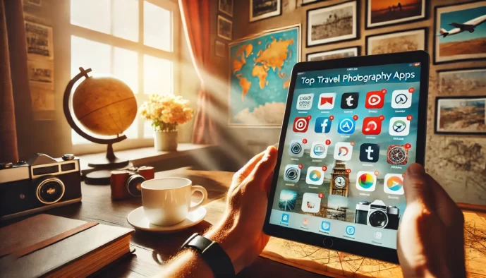 Person holding tablet with travel apps, cozy room.