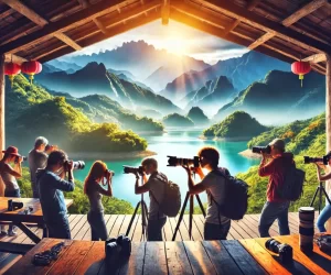 Photographers capturing sunrise over scenic mountain lake.