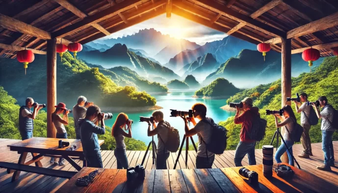 Photographers capturing sunrise over scenic mountain lake.