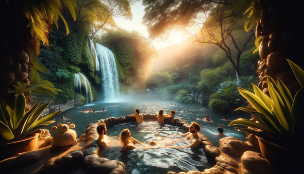 People relaxing in a tropical hot spring by waterfall.