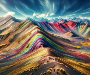 Colorful mountain landscape with visitors exploring.