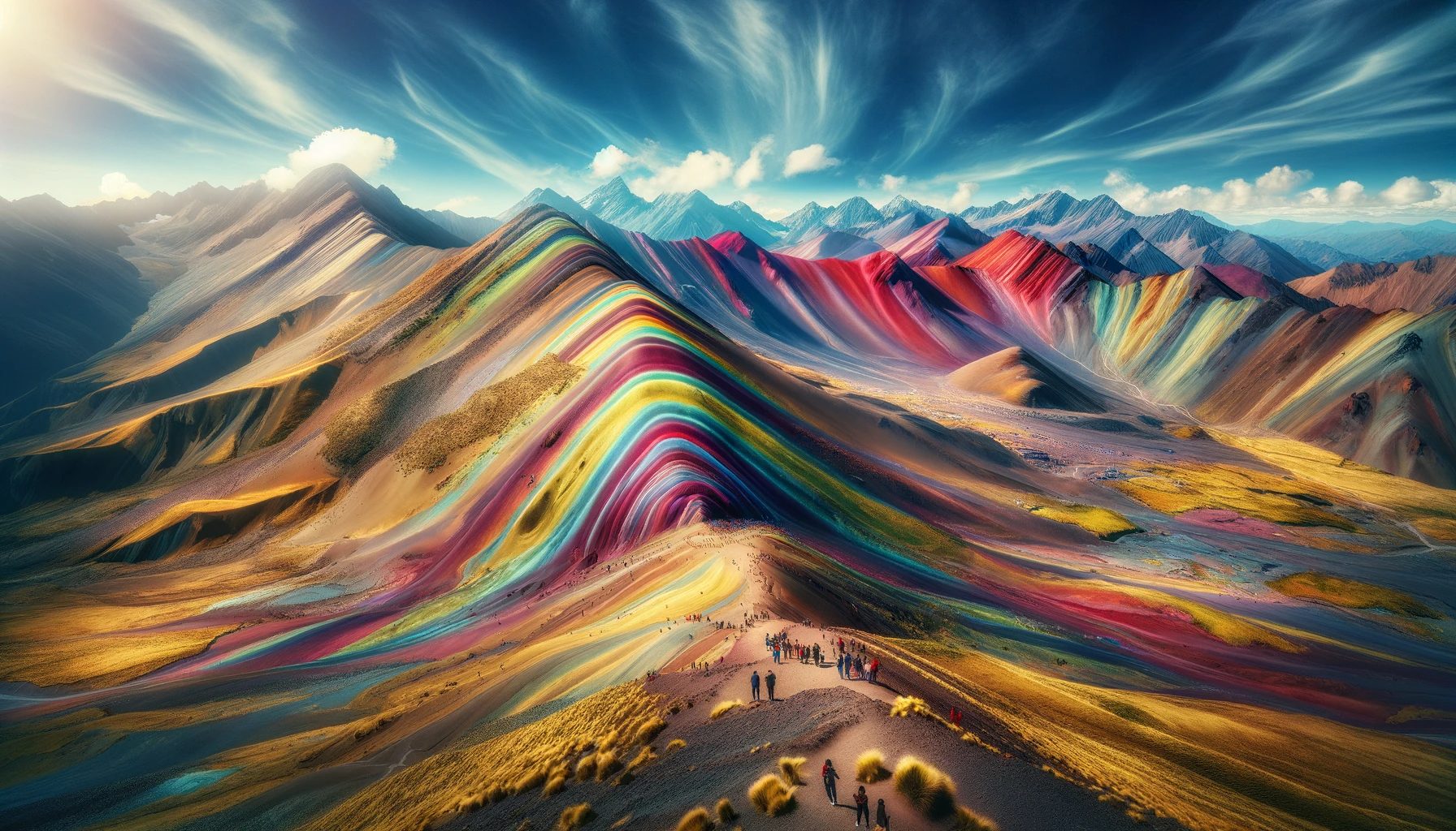 Colorful mountain landscape with visitors exploring.