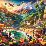 Vibrant tropical paradise collage with culture and nature scenes.