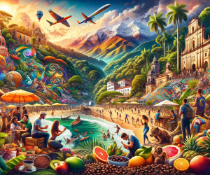 Vibrant tropical paradise collage with culture and nature scenes.