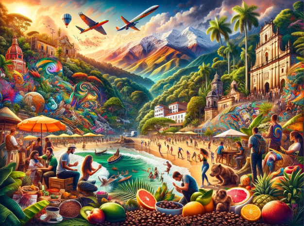Vibrant tropical paradise collage with culture and nature scenes.