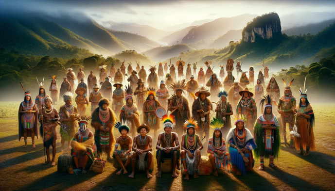 Peuples indigènes en tenue traditionnelle avec des montagnes.