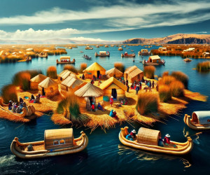 Uros floating islands on Lake Titicaca with traditional boats.