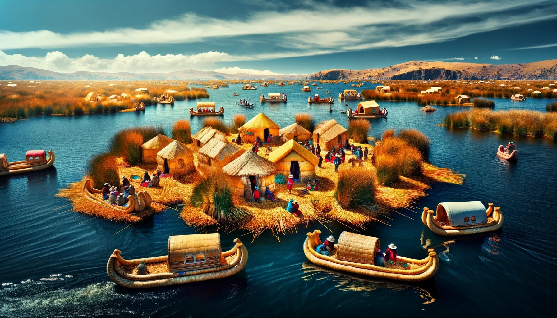 Uros floating islands on Lake Titicaca with traditional boats.