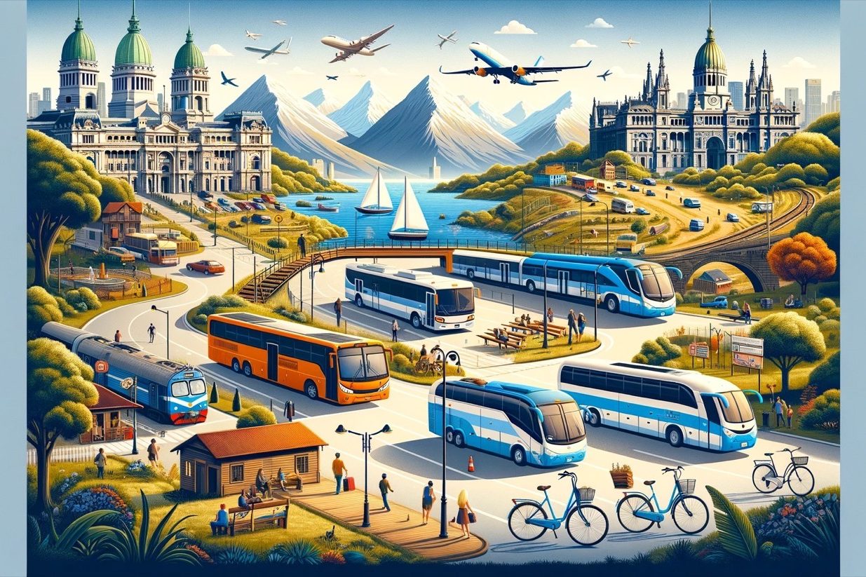 Illustration of bustling, futuristic transportation hub with diverse vehicles.