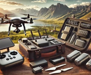 Drone with camera and accessories, mountainous landscape background.