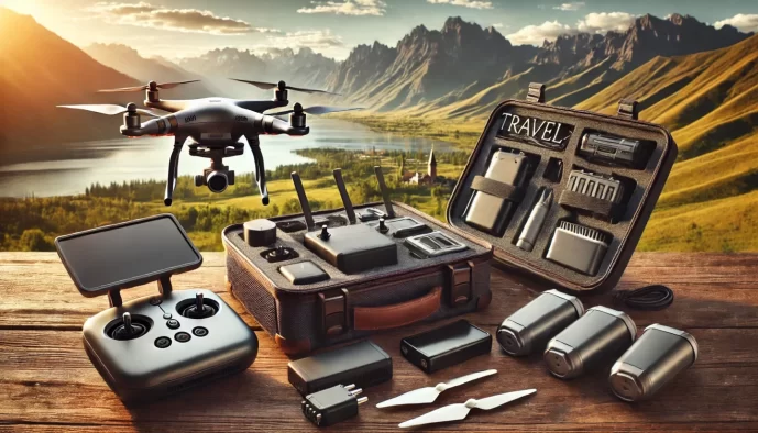 Drone with camera and accessories, mountainous landscape background.