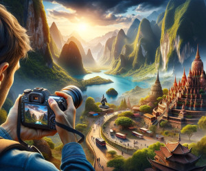 Photographer capturing scenic mountainous landscape at sunrise.