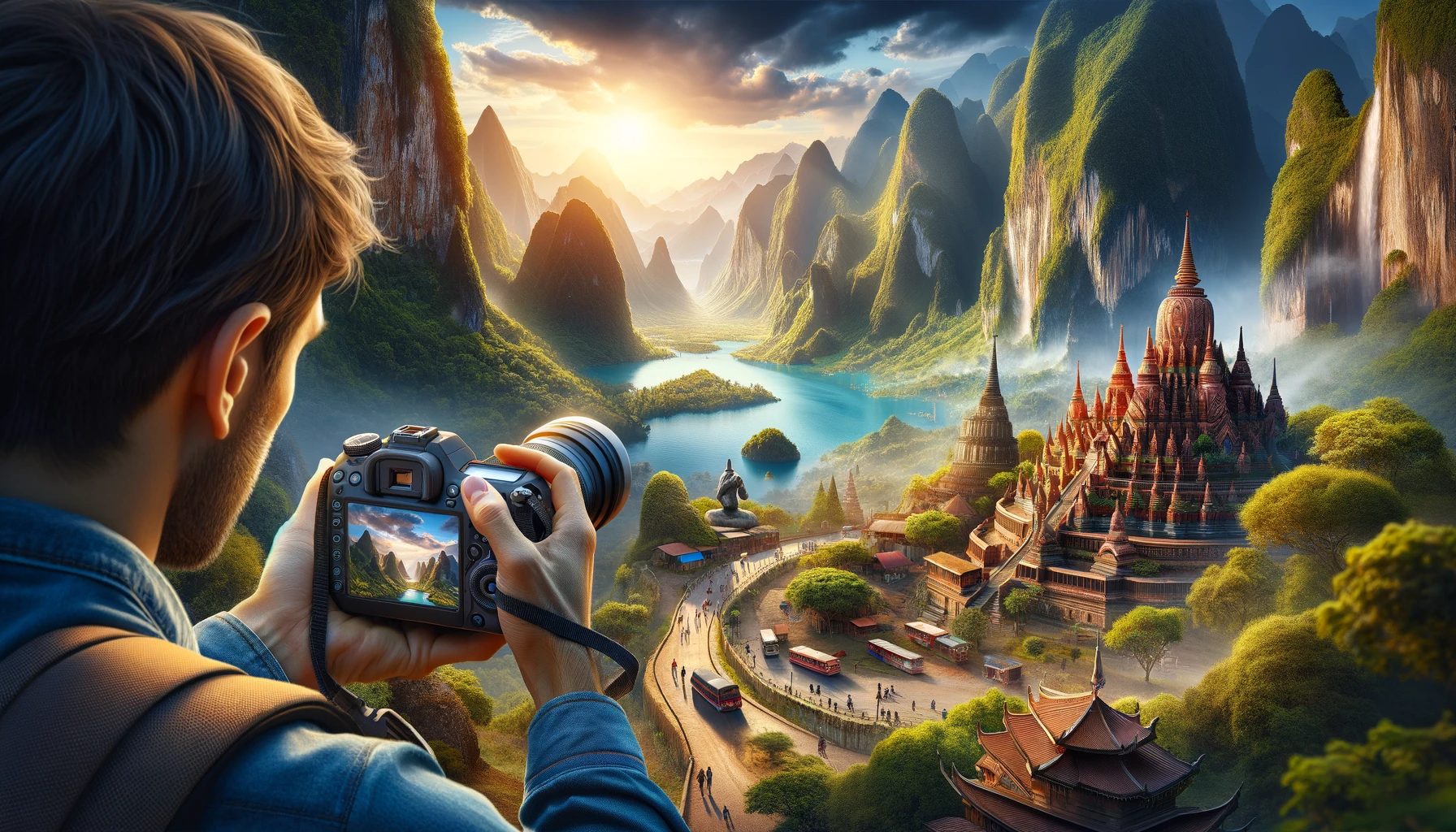 Photographer capturing scenic mountainous landscape at sunrise.