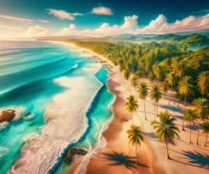 Tropical beach with palm trees and turquoise water.