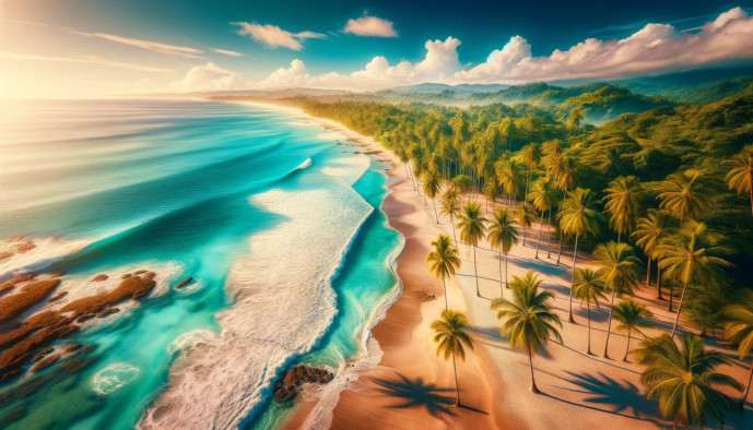 Tropical beach with palm trees and turquoise water.