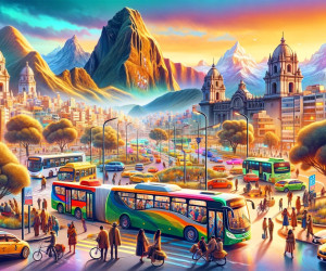 Colorful sunset over bustling cityscape with mountains.