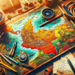 Illustrated colorful travel map with exploration accessories on desk.