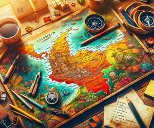 Illustrated colorful travel map with exploration accessories on desk.