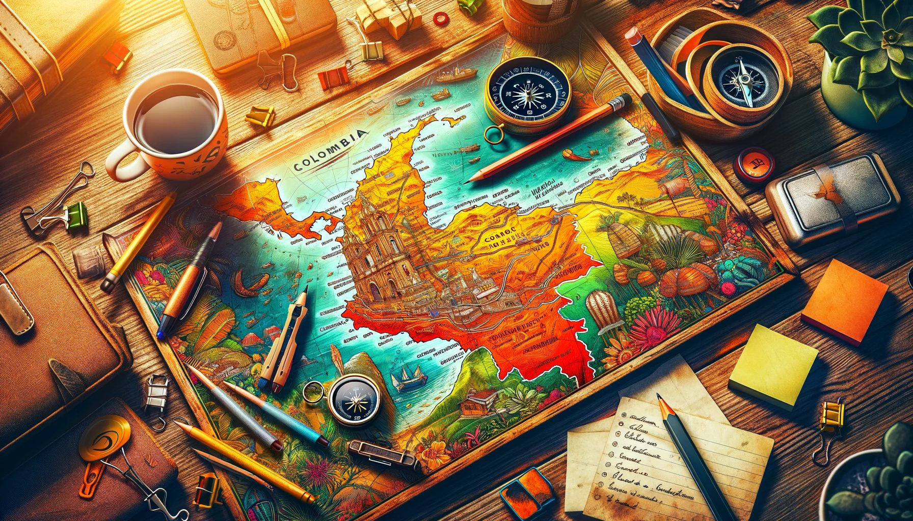 Carte de voyage illustrée en couleurs avec des accessoires d'exploration sur le bureau.