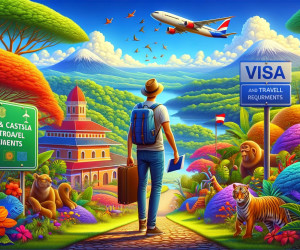 Colorful travel destination illustration with wildlife and airplane.