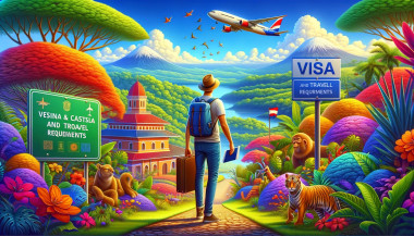 Colorful travel destination illustration with wildlife and airplane.