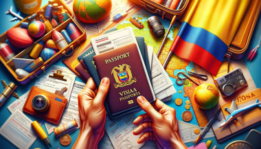 Visa Hyper Realistic Illustration Showing Hands Holding Passports Over Various Travel Documents And Accessories, With A Flag And A Map Of Colombia In The B