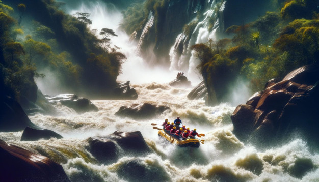Whitewater rafting adventure in forest rapids